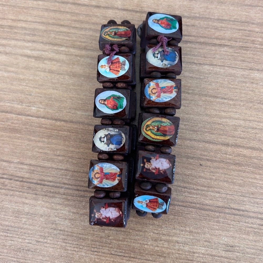 (2) Catholic Religious Saints Wood Panel Stretch Bracelets Dark Brown Two Strand